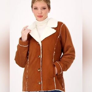 Susan Graver Weekend Burnt Orange Faux Suede Fleece Coat Size Large NWOT